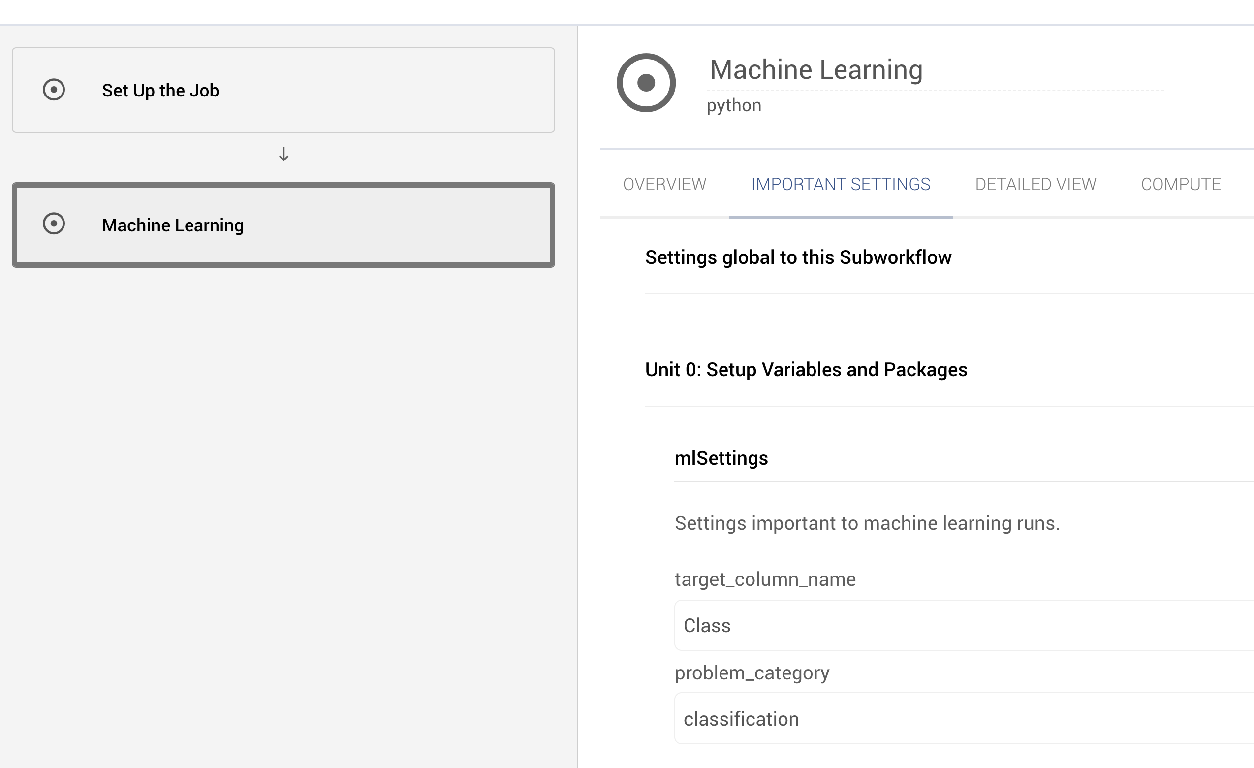 Important settings with target column name set